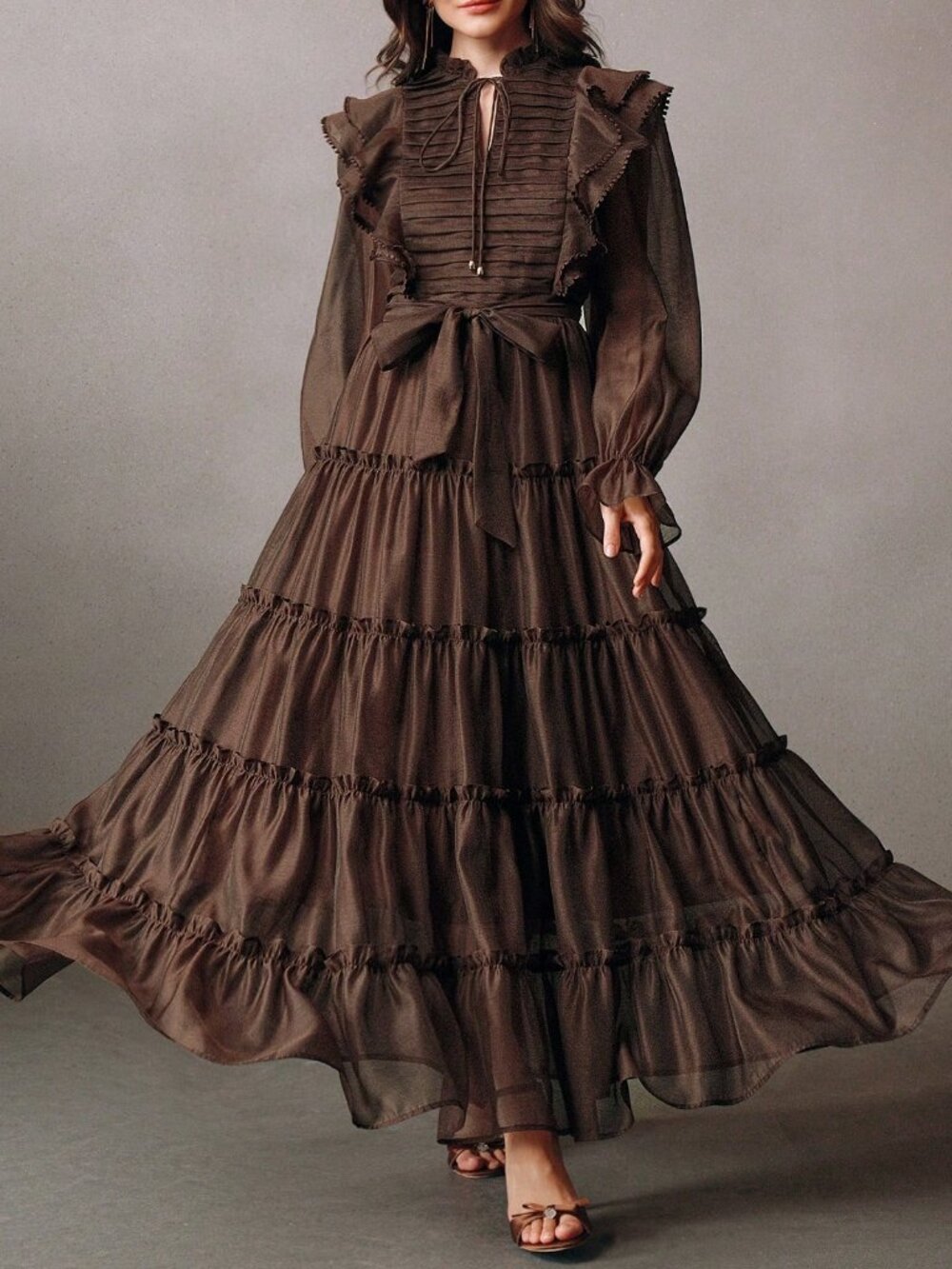 Brown Elegant Women's Elaire Flare Sleeve Tie Neck A-Line High Waist Long Dress - Picture 5 of 8